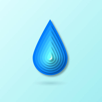 3D water drop in paper cut style. Logo design template. Color vector illustration isolated on a blue background.