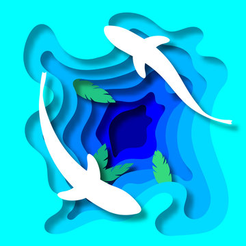 underwater sea in paper cut style. Fish, seaweed and water silhouettes. Vector layered isolated illustration on a color background.