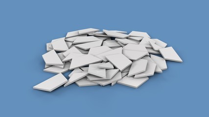 3D illustration of a set of white flat shards on a blue surface. A bunch of segments of the destroyed object. Traces of the past. 3D rendering of abstract composition.
