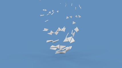 3D illustration of a set of white segments, flat parts forming a geometric figure of a round, spherical shape above the blue surface. 3D rendering.