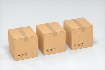 The cartons are stacked against a white background, 3d rendering.