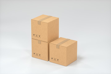 The cartons are stacked against a white background, 3d rendering.