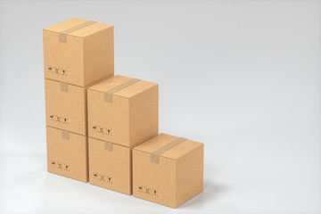 The cartons are stacked against a white background, 3d rendering.