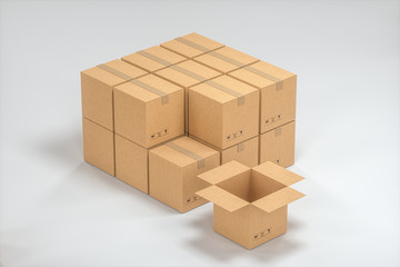 The cartons are stacked against a white background, 3d rendering.