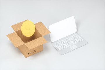 The cartons and COINS are on a white background, 3d rendering.