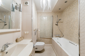 Russia, Omsk- August 02, 2019: interior room apartment. standard repair decoration in hostel. bathroom, sink, decoration elements, toilet