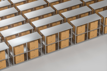 The cartons are put on neatly arranged shelves, 3d rendering.