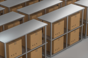 The cartons are put on neatly arranged shelves, 3d rendering.