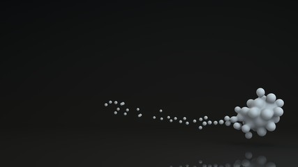3D illustration of many drops of white color in a dark space. The droplets are scattered and compressed, fused and disintegrating. 3D rendering for abstract compositions, futuristic background.