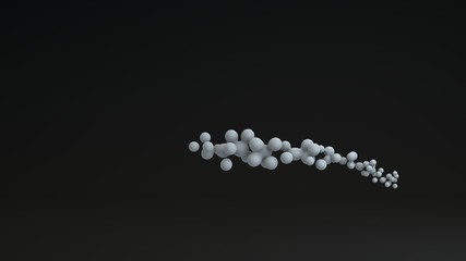 3D illustration of many drops of white color in a dark space. The droplets are scattered and compressed, fused and disintegrating. 3D rendering for abstract compositions, futuristic background.