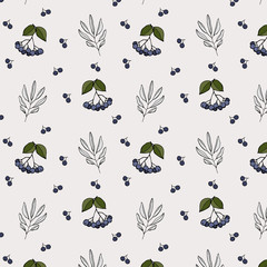 Seamless pattern with berries of arinia on gray background. Endless texture for season fall design.