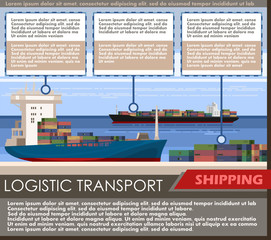 Cargo ship. Vector. Logistics services. Sea & ocean. Boat Freight. Consignment. Delivery of goods. Sea transportation of heavy loads.  Ship transportation containers. Flat cartoon design. Isolated obj