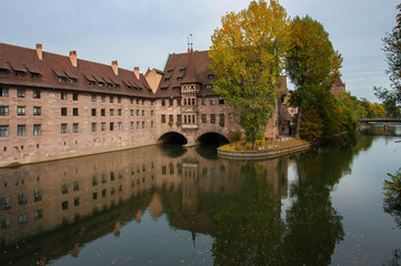A view of Pegnitz river from Museumsbrücke in Nuremberg, Germany.