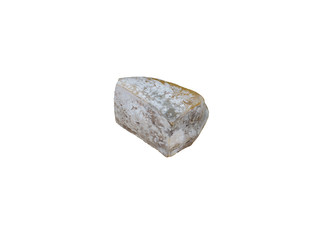 A small square piece of spoiled hard cheese with green and white mold on it. Isolated on a white background.