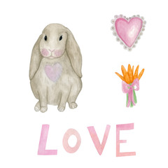 watercolor cute bunny. Valentine's Day hare with a heart on wool