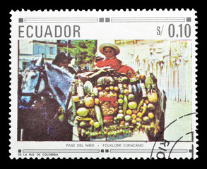 Cancelled postage stamp printed by Ecuador, that shows National folklore, circa 1970.