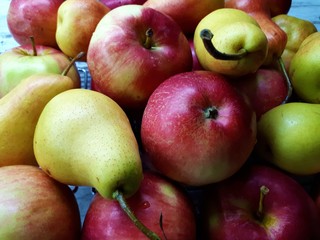 close-up of apples and pears