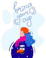 Cute Illustration of girl with reusable coffee cup on autumn background. Tumbler, zero waste concept. Bring your cup lettering. Character with bottle, fallen leaves. Cozy, hygge illustration