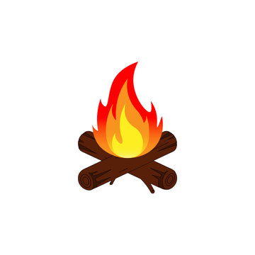 Camp fire icon. Bonfire burning on firewood sign on white background. Vector.