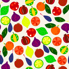 tropical fruits summer seamless pattern. Abstract design. Lemon, figs, mandarin, pomegranate
