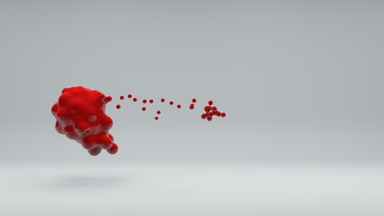 3D illustration of a set of red balls in space on a white background. Balls merge and disintegrate. Abstract image, 3D rendering. Idea for screensavers and abstract design.