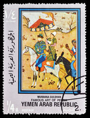 Cancelled postage stamp printed by Yemen Arab Republic, that shows Famous art of India and Persia,...