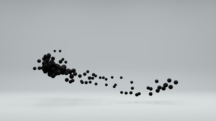 3D illustration of a set of black oil balls in space on a white background. Balls merge and disintegrate. Abstract image, 3D rendering. Idea for screensavers and abstract design.