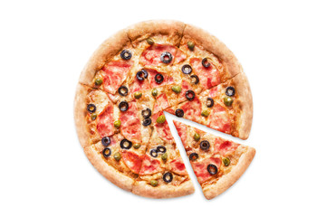 Delicious pizza with ham, champignon mushrooms, capers and olives, isolated on white background
