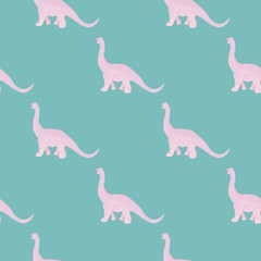 Adorable baby pink dinosaur seamless pattern on turquoise.