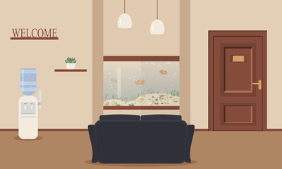 Corridor with cute fish tank.Aquarium with fish as design element for interior of sitting room,office,waiting area for visitors,hotel.Wooden decor letters on shelves: welcome, door.Vector illustration
