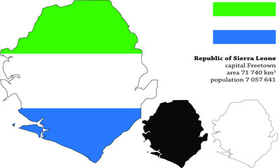  Republic of Sierra Leone, informally Salone  vector map, flag, borders, mask , capital, area and population infographic