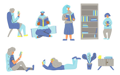Reading a book concept. Vector color design.
