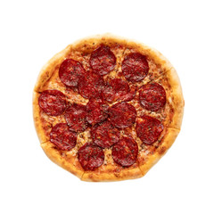 fresh italian classic original pepperoni pizza isolated on white background. Tasty popular pizza topping in American-style pizzerias