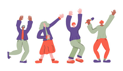 Happy people dancing and singing isolated on white