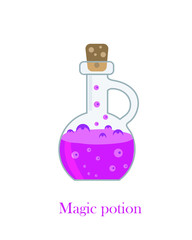 Bottle with lilac magic magic potion with bubbles isolated on white background, vector illustration