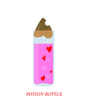 Bottle with magic pink love potion with hearts isolated on white background, vector flat illustration.
