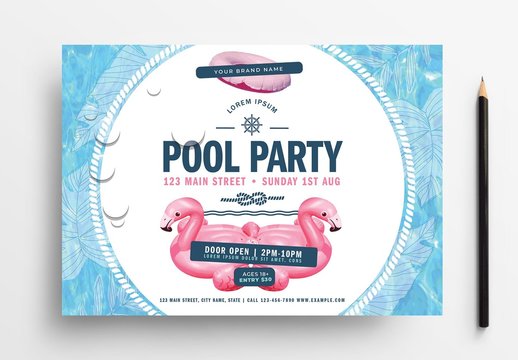 Pool Party Flyer Layout with Pink Flamingos