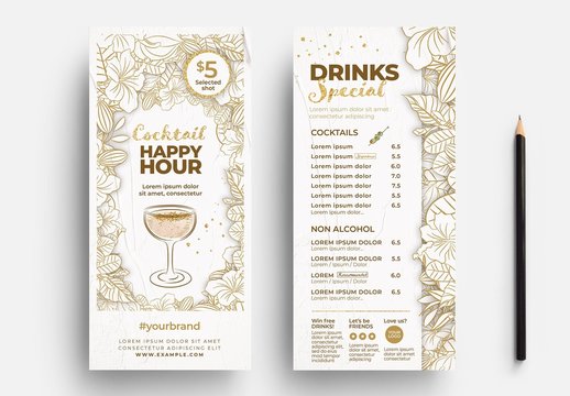 Cocktail Menu Flyer Layout with Elegant Floral Elements