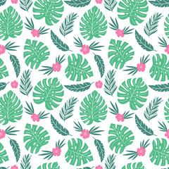 Exotic seamless colorful pattern with tropical jungle leaves and flowers  hibiscus. Floral modern pattern for textile, manufacturing etc. Vector illustration