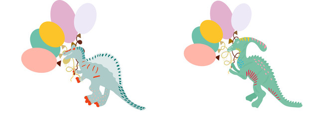 Adorable Dinosaur with colorful balloons isolated on white background. Design print for cards, stickers, apparel, home decor. Vector illustration in flat cartoon style.