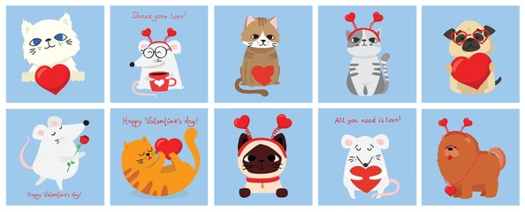 Vector illustration card with cute cartoon little Valentine cats, dogs, rats in love and funny greeting text Happy Valentine's Day