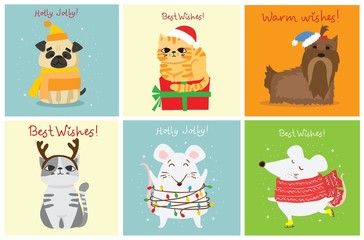 Vector illustration of Christmas cats, rats, pigs and dogs with Christmas and new year greetings. Cute pets with holiday hats