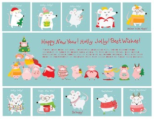 Vector illustration of Christmas  rats and pigs  with Christmas and new year greetings. Cute pets with holiday hats