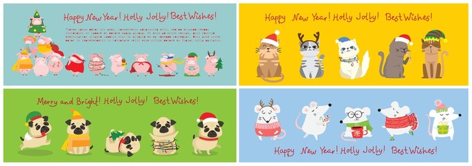 Vector illustration of christmas cats, rats and dogs with Christmas and new year greetings. Cute pets with holiday hats and presents.