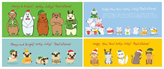 Fototapeta premium Vector illustration of Christmas cats, rats, pigs and dogs with Christmas and new year greetings. Cute pets with holiday hats