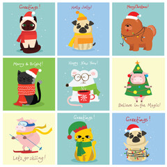 Fototapeta premium Vector illustration of Christmas cats, rats, pigs and dogs with Christmas and new year greetings. Cute pets with holiday hats