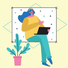 Office work and remote work, freelance. Young woman working on computer. Vector illustration of concept of Online education, training, workshops and scenes at office.