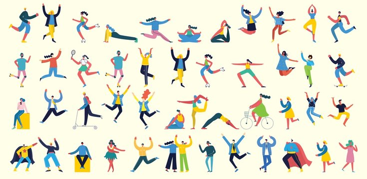 Vector illustration in a flat style of different activities people jumping, with smarthones, travel, dancing, walking, business, couple in love, doing sport, have party