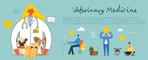 Fototapeta premium Vector conept illustration veterinary doctor with a cat and two dogs in a veterinary office. Pets visitining a vet in the flat style
