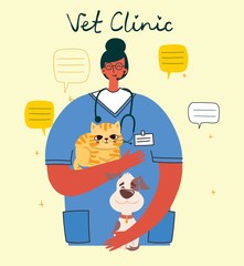 Vector conept illustration veterinary doctors with cats and dogs in a veterinary office. Pets visitining a vet in the flat style